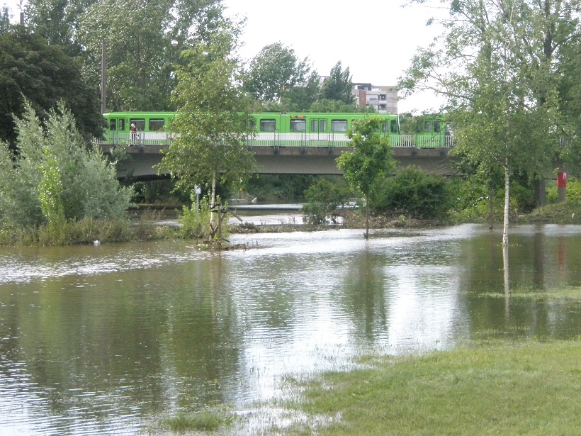 Hochwasser Ihmeufer Ende Juli 17 mit Linie 10 auf Brcke.jpg