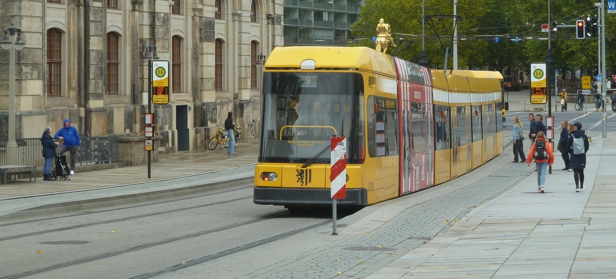 Dresden Herbst 25 Niederflurstra�enbahn an Haltestellenbord.jpg